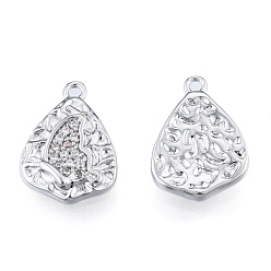 Real Platinum Plated Brass Micro Pave Clear Cubic Zirconia Charms, Cadmium Free & Nickel Free & Lead Free, Textured, Teardrop with Butterfly, Real Platinum Plated, 14.5x10x2mm, Hole: 1.2mm