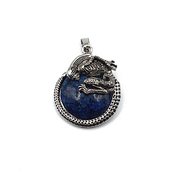 Lapis Lazuli Natural Lapis Lazuli Dyed Pendants, Flat Round Charms with Skeleton, with Antique Silver Plated Metal Findings, 40x35mm