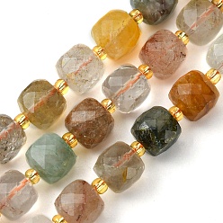 Rutilated Quartz Natural Rutilated Quartz Beads Strands, with Seed Beads, Faceted Cube, 8~9x8~9x8~9mm, Hole: 0.9~1mm, about 35~39pcs/strand, 14.80''~15.16''(37.6~38.5cm)