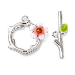 Real Platinum Plated Brass Toggle Clasps, with Enamel, Nickel Free, Flower, Real Platinum Plated, 21.3x4.7mm, Bar: 8.5x26.5x3.5mm, Hole: 2mm