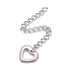 Stainless Steel Color 304 Stainless Steel Chain Extender, Curb Chain, with 202 Stainless Steel Charms, Hollow Heart, Stainless Steel Color, 59~62mm, Link: 3.7x3x0.5mm, Heart: 9.5x11x1mm