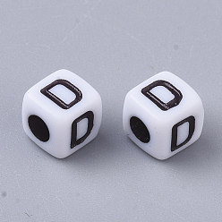 Letter D White Opaque Acrylic Beads, Horizontal Hole, Cube with Black Alphabet, Letter.D, 4~5x4~5x4~5mm, Hole: 1.8mm, about 6470~6500pcs/500g