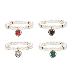 Mixed Color Acrylic Pearl Round Beaded Stretch Bracelet with Alloy Rhinestone Heart Charms for Women, Mixed Color, Inner Diameter: 2~2-1/8 inch(5~5.5cm)