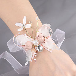 Butterfly Silk Cloth Wrist Corsage, with Plastic Pearl Beads, for Bride or Bridesmaid, Wedding, Party Decorations, White, Butterfly Pattern, 130mm
