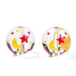 Jaune Perles de lampwork faites à la main transparentes, rond avec motif lune et étoile, jaune, 12.5x11.5mm, Trou: 1.6mm