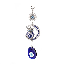 Antique Silver & Platinum Handmade Lampwork Evil Eye Pendant Decorations, with Resin Rhinestone, Iron Chain, Iron Ring & Alloy Finding, Owl & Moon, Antique Silver & Platinum, 255mm, Hole: 13.5x10mm