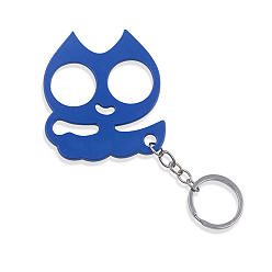 Medium Blue Alloy Cat Head Shape Defense Keychain, Window Glass Breaker Charm Keychain with Iron Findings, Medium Blue, 60x53mm