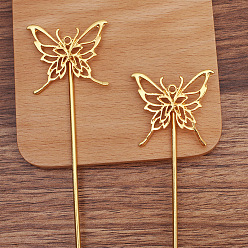 Golden Iron Hair Stick Finding, with Alloy Butterfly, Golden, 135mm, Pin: 2.5mm