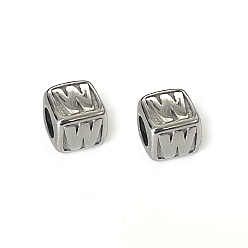 Letter W 304 Stainless Steel European Beads, Large Hole Beads, Horizontal Hole, Cube with Letter, Stainless Steel Color, Letter.W, 8x8x8mm, Hole: 4.5mm