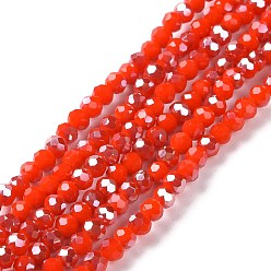 Tomato Electroplate Opaque Glass Beads Strands, Half Rainbow Plated, Faceted, Rondelle, Tomato, 4x3mm, Hole: 0.4mm, about 123~127pcs/strand, 16.5~16.9 inch(42~43cm)