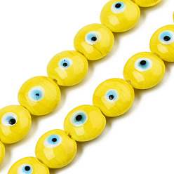 Yellow Handmade Evil Eye Lampwork Beads Strands, Flat Round, Yellow, 14~16x16~17x8.5~9mm, Hole: 1mm, about 25pcs/strand, 14.96 inch(38cm)