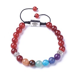 Cornaline Chakra bijoux, bracelets de perles tressées en pierre naturelle et synthétique, avec cornaline naturelle, Découvertes en alliage et cordon de nylon, rectangle avec arbre, 52~76mm