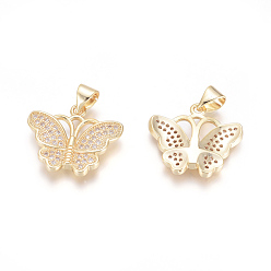 Golden Brass Micro Pave Cubic Zirconia Pendants, Butterfly, Clear, Golden, 17x19x3mm, Hole: 5x3.5mm