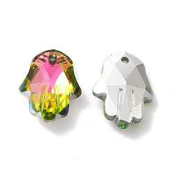 Yellow Green Electroplate Transparent Glass Pendants, Back Plated, Faceted, Hamsa Hand Charms, Yellow Green, 17.5x13.5x5.5mm, Hole: 1.6mm