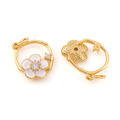 Real 18K Gold Plated Brass Micro Pave Cubic Zirconia Charms, with Jump Rings and Enamel, Ring with Flower, Clear & White, Real 18K Gold Plated, 13.5x13.5x3mm, Jump Ring: 5x0.6mm, Hole: 3.5mm