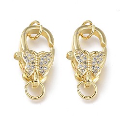 Real 18K Gold Plated Brass Micro Pave Clear Cubic Zirconia Lobster Claw Clasps, with Jump Rings, Long-Lasting Plated, Butterfly, Real 18K Gold Plated, 16x9.5x6mm, Hole: 3.5mm