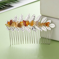 Carnelian Leaf Natural Carnelian Chips Hair Combs, with Iron Combs, Hair Accessories for Women Girls, 45x80x10mm