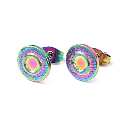 Rainbow Color Placage ionique (ip) 304 recherche de boucles d'oreilles en acier inoxydable, supports pour boucles d'oreilles, plat rond, couleur arc en ciel, Plateau: 4 mm, 10mm, pin: 0.8 mm