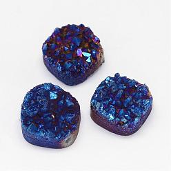 со Синим Покрытием Гальванические натуральный druzy кварцевые шарики, квадратный, с покрытием синим, 14x14x8~10 мм, отверстие : 1.5 мм