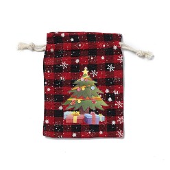 Arbre Sacs de jute rectangulaires sur le thème de Noël avec cordon de jute, tartan pochettes, pour emballage cadeau, rouge, arbre, 13.8~14x9.7~10.3x0.07~0.4 cm
