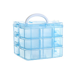 Light Sky Blue 3-Tier Transparent Plastic Storage Container Box, Stackable Organizer Box with Dividers & Handle, Square, Light Sky Blue, 15x15x12cm