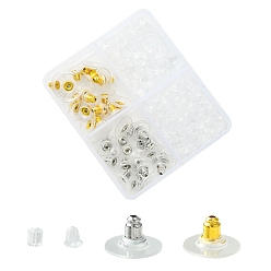 Platino & Oro 440 piezas 4 estilos de tuercas de oreja de campana de plástico, tuercas de oreja de embrague de latón confort, platino y oro, 3~12x3~12x3~7 mm, agujero: 0.5~1 mm