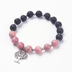 Rhodonite Natural Lava Rock Beads Charm Bracelets, with Alloy Pendants, Natural Rhodonite and Non-magnetic Synthetic Hematite Beads, Burlap Packing, Tree of Life, 2-1/8 inch(54mm)