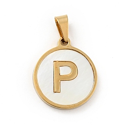 Letter P Vacuum Plating 304 Stainless Steel with White Shell Pendants, Golden, Flat Round with Letter Charm, Letter.P, 18x16x1.5mm, Hole: 3x6mm