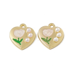 Blanco Colgantes de perlas de imitación de plástico abs, con fornituras de aleación dorada y esmalte, encanto de corazón con flor, blanco, 15x14x4 mm, agujero: 1.6 mm