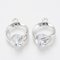 Platinum Alloy Cubic Zirconia Pendants, Ring, Platinum, 18x12x5.5mm, Hole: 1.5mm