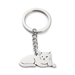 Cat Shape Animal 304 Stainless Steel Pendant Keychains, with Key Ring, Stainless Steel Color, Cat Shape, 6cm