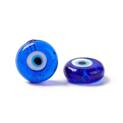 Blue Handmade Evil Eye Lampwork Beads, Half Drilled, Flat Round, Blue, 12~12.5x5mm, Hole: 1.2mm