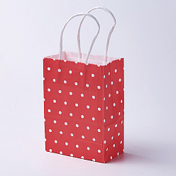 Rouge Sacs en papier kraft, avec poignées, sacs-cadeaux, sacs à provisions, rectangle, motif de points de polka, rouge, 27x21x10 cm