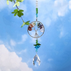 Colorful Tree of Life Crystal Pendant Decorations, with Metal Findings, for Home, Garden Decoration, Colorful, 320x50mm