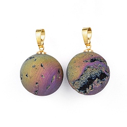 Multi-color Plated Electroplate Natural Druzy Geode Agate Pendants, with Brass Findings, Round, Golden, Multi-color Plated, 23.5x20~20.5mm, Hole: 4.5x7mm