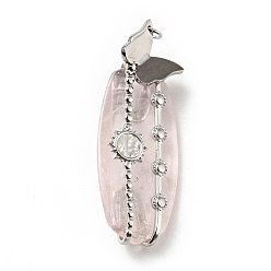 Rose Quartz Natural Rose Quartz Pendants, Oval Charm, with Stainless Steel Color Tone Sun & Butterfly 304 Stainless Steel Findings, 39x17x7.5mm, Hole: 2.6mm