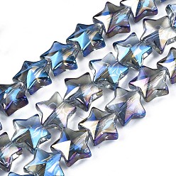 Bleu Perles en verre plaquent brin, couleur ab , étoiles, bleu, 11.5~12.5x13x7mm, Trou: 1mm, Environ 55~56 pcs/chapelet, 23.62 pouces ~ 25.20 pouces (60~64 cm)
