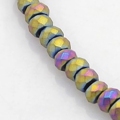Arco Iris Chapado Electroplate no magnéticas de hematita sintética hebras de cuentas, rondelle facetas, esmerilado, arco iris chapado, 3x2 mm, agujero: 1 mm, sobre 214 unidades / cadena, 15.7 pulgada
