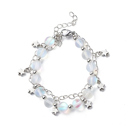 Moonstone Synthetic Moonstone Round Beaded Multi-strand Bracelet, Brass Star Charms Double Layer Bracelet for Women, 7-1/8 inch(18cm)