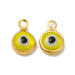 Yellow Ion Plating(IP) 304 Stainless Steel with Glass Enamel Charms, Real 18K Gold Plated, Flat Round with Evil Eye Pattern, Yellow, 9.5x6.5x2.5mm, Hole: 1.6mm