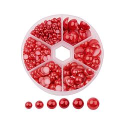 Rouge 1 box abs cabochons en plastique imitation dôme perle, demi-tour, rouge, 4~12x2~6 mm, sur 690 pcs / boîte