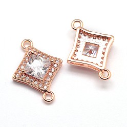 Real Rose Gold Plated CZ Brass Micro Pave Cubic Zirconia Links, Clear, Cadmium Free & Nickel Free & Lead Free, Rhombus, Real Rose Gold Plated, 15x20x5mm, Hole: 1mm