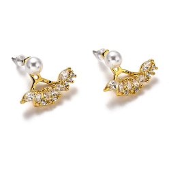 Real 18K Gold Plated Brass Micro Pave Clear Cubic Zirconia Front Back Stud Earrings, with Acrylic Imitation Pearl and Ear Nuts, Horse Eye, White, Real 18K Gold Plated, 16x20x8mm, Pin: 0.5mm