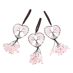 Розовый Кварц Обернутые проволокой чипсы натуральный розовый кварц большие подвесные украшения, с красной медью латунной проволокой и нейлоновым шнуром, сердце с дерева жизни, 160 мм