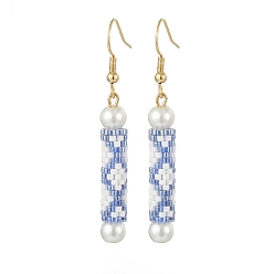 Bleu Bleuet Boucles d'oreilles pendantes en perles de verre et colonne de graines, or 304 bijoux en acier inoxydable pour femmes, bleuet, 54mm, pin: 0.7 mm