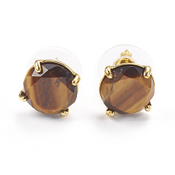 Tiger Eye Natural Tiger Eye Stud Earrings, with Golden Tone Brass Findings, Faceted Flat Round, 11mm, Pin: 0.8mm