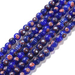 Dark Blue Faceted Millefiori Glass Round Beads Strands, Dark Blue, 6mm, Hole: 1mm, about 64pcs/strand, 14.1 inch