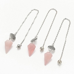 Rose Quartz Natural Rose Quartz Hexagonal Pointed Dowsing Pendulums, with Platinum Plated Brass Findings, Life of Flower & Cone, 240x2x0.1mm