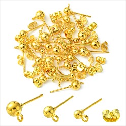 Golden 30Pcs 3 Size Iron Stud Earring Findings, Ball Stud Earring Post, with Horizontal Loops, Golden, 14~16x3~5mm, Hole: 1.2~1.4mm, Pin: 0.8mm, 10Pcs/size