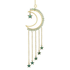 Aventurine Verte Décorations de pendentifs en aventurine verte naturelle et lune en laiton, avec breloques étoiles en alliage émaillé, pour les décorations de lune à la maison, 225mm